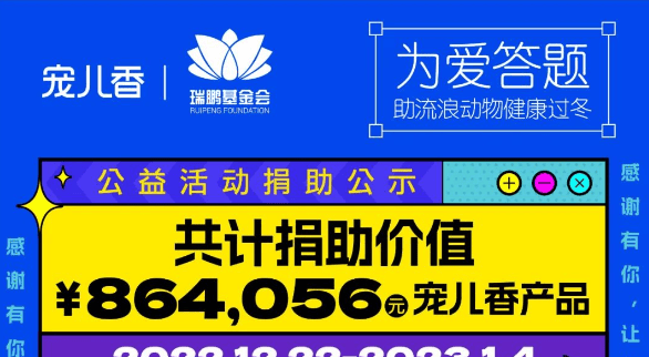 捐赠公示 | 宠儿香&瑞鹏公益 为爱答题公益活动，愿TA不再流浪早日回家